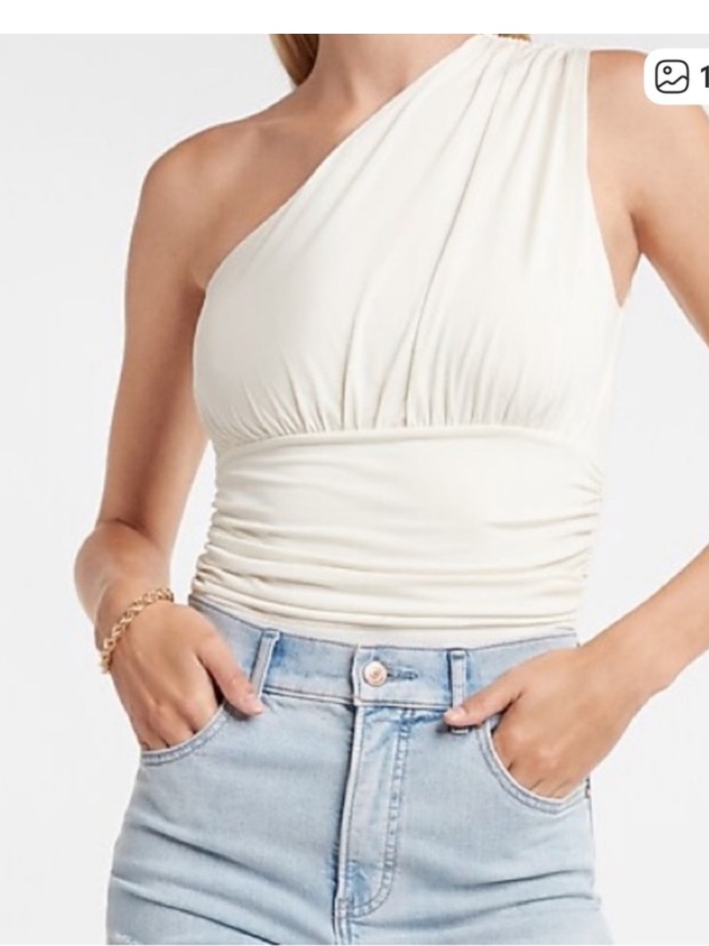 Express Cream Asymmetric One-Shoulder Ruched Tank